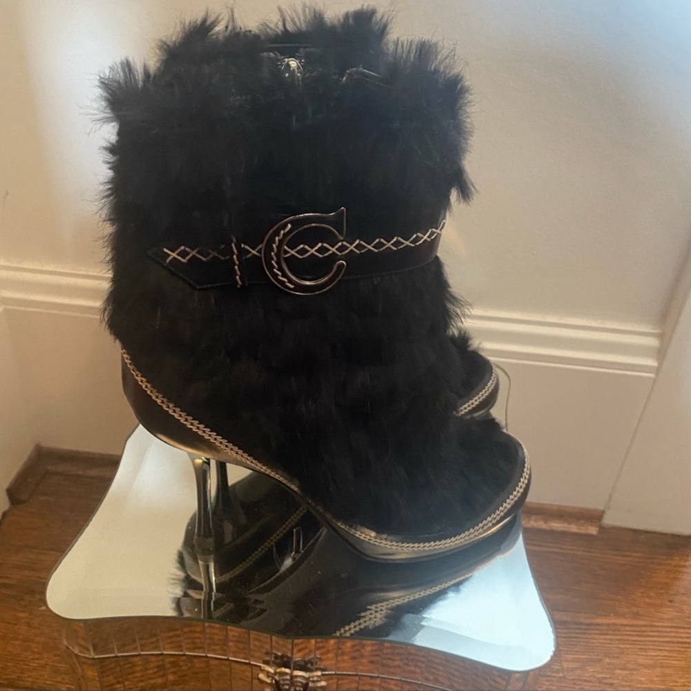Christian Dior Black Fur Logo Ankle Booties 37 or US 7